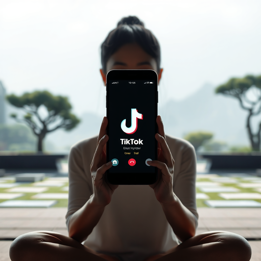 A photorealistic image of a person meditating in front of a smartphone displaying the TikTok interface. The light from the phone illuminates their face, creating a sense of peace and tranquility. The background is a serene natural landscape. Style reference: Zen gardens. Technical specs: 4K resolution, high quality.