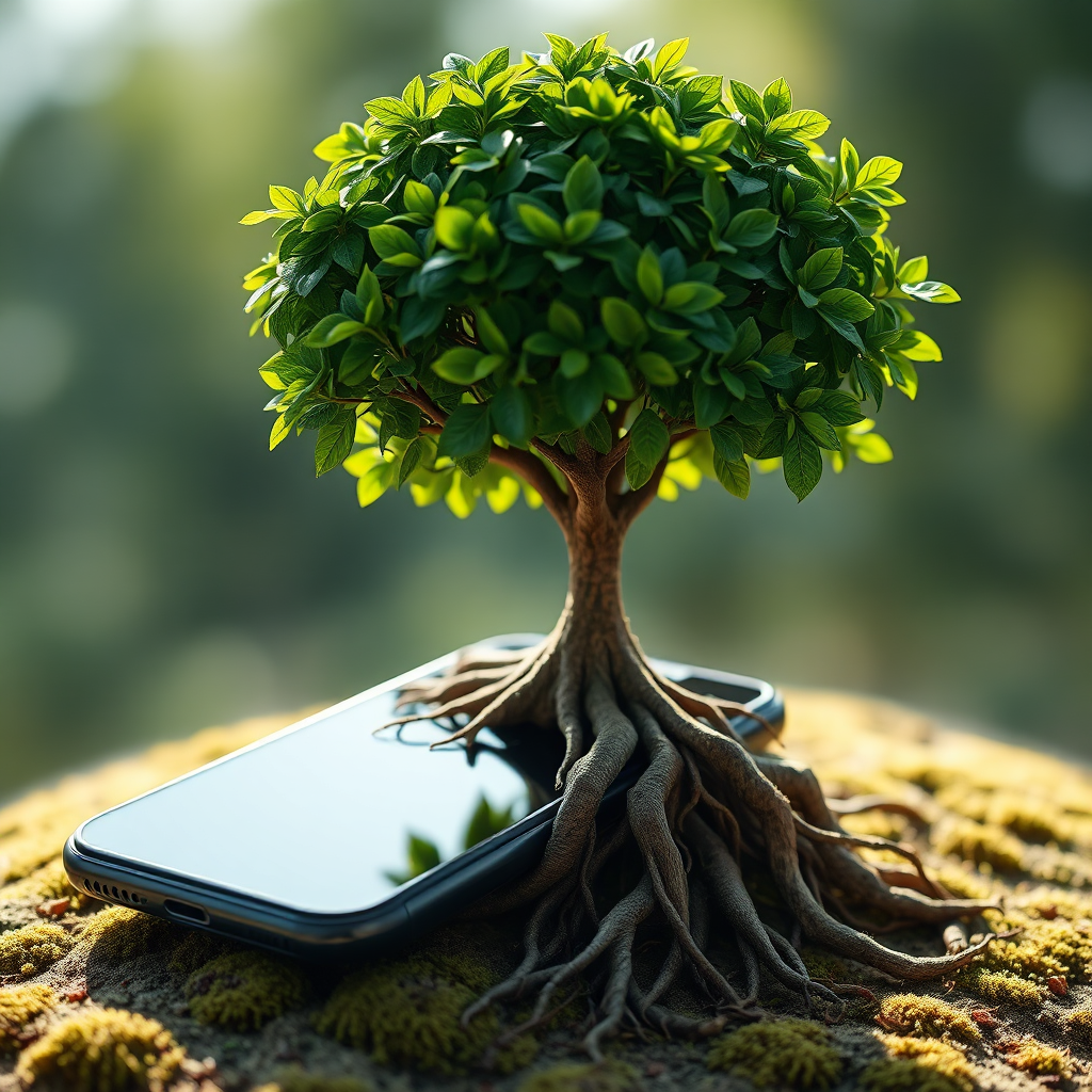  A photorealistic representation of a lush, green tree growing out of a smartphone displaying the TikTok interface. The roots of the tree are deep and intertwined, symbolizing the enduring nature of timeless content. The lighting is natural and bright, emphasizing the organic connection between the tree and the phone. Technical specs: 4K resolution, high quality.