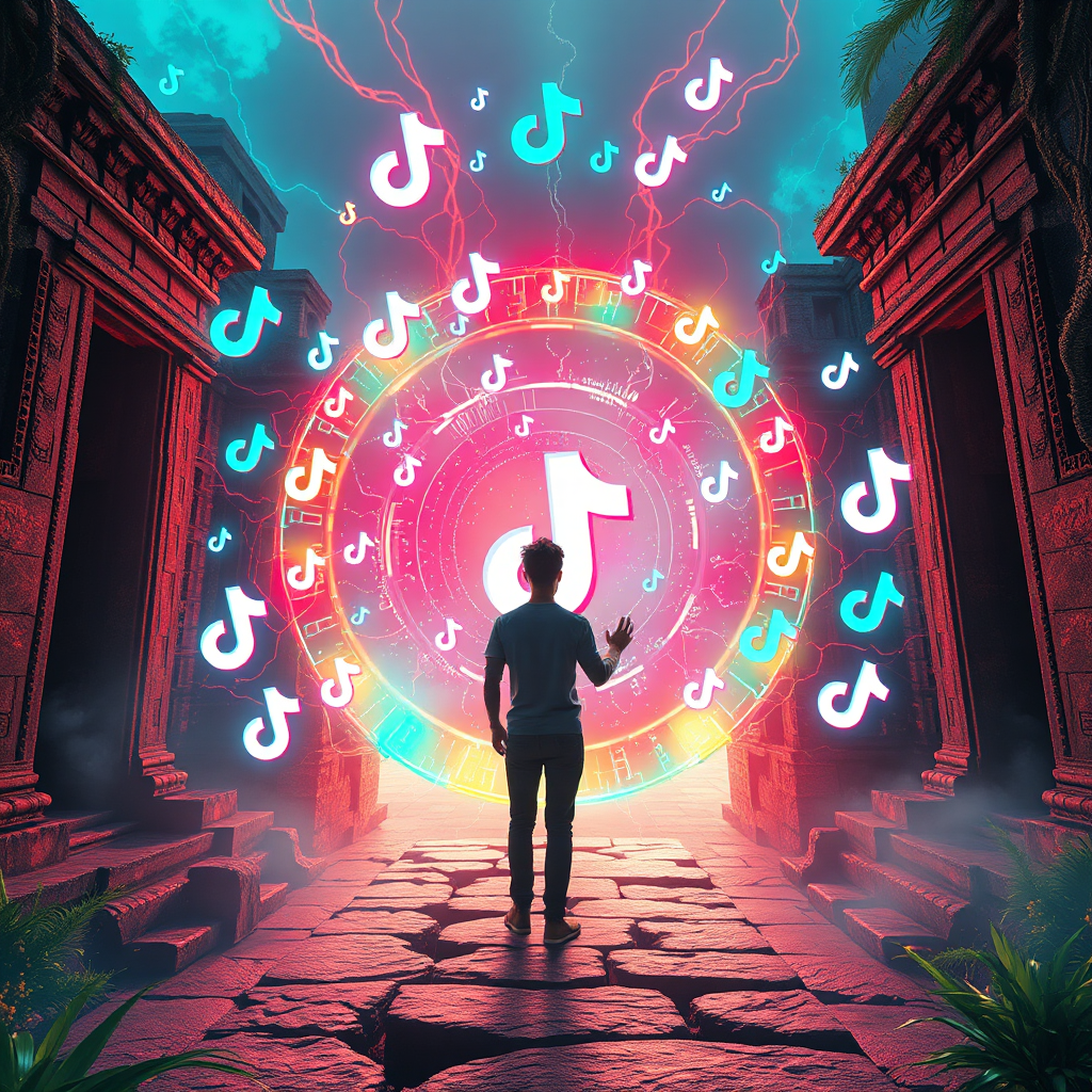 A photorealistic, ultra-high quality header image depicting a person slightly out of focus, reaching through a shimmering, holographic portal into a swirling vortex of TikTok logos, trending sounds, and viral content snippets. The portal is set against a backdrop of ancient Mayan ruins overgrown with futuristic neon vines, symbolizing the blend of ancient wisdom and modern technology. The lighting is soft and ethereal, with a color palette dominated by teals, oranges, and violets. A wide-angle shot emphasizes the scale and depth of the scene. Include subtle textures of aged stone and futuristic interfaces. Style references: 'Stargate' meets 'Ready Player One'. Technical specs: 8K resolution, hyperrealistic.