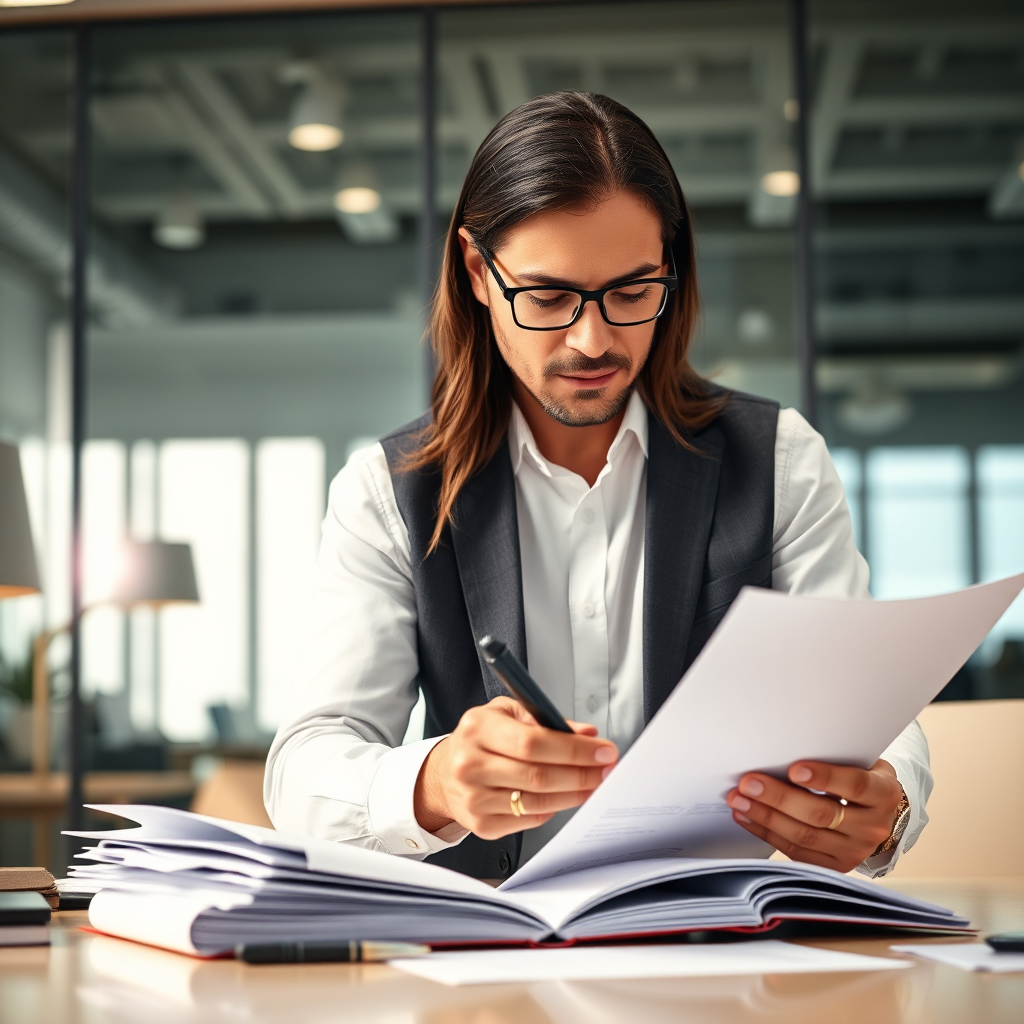 A serious and capable auditor reviewing documents. The scene takes place inside of a bright well-lit office. Focus on attention to detail and thoroughness. The overall tone is professional and reassuring.