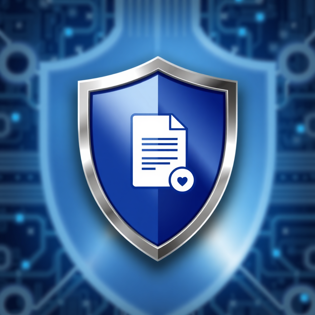 A shield with a document icon on it, representing compliance and security. The background features a digital pattern and a sense of protection. The color scheme is blue, silver, and white. This signifies trust and reliability.