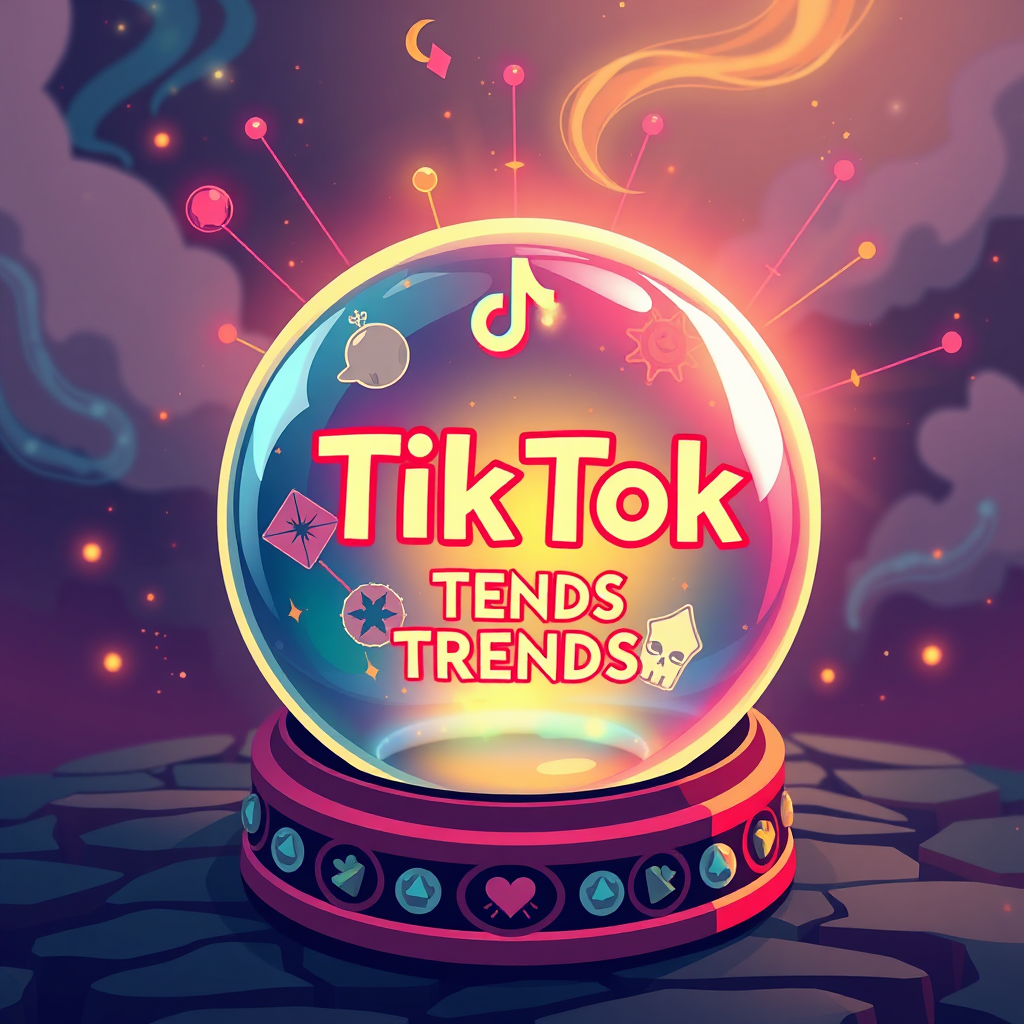 A stylized image of a crystal ball showing future TikTok trends, with symbols representing upcoming challenges and opportunities. The colors are vibrant and mystical. Technical specs: 4K resolution, high quality.