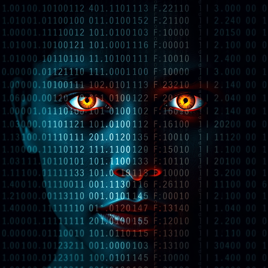 A stylized image of a person's face, partially obscured by digital code, but with their eyes shining brightly, representing authentic expression breaking through artificial barriers. The color palette is contrasting, with dark blues and blacks offset by vibrant golds and oranges. Technical specs: 4K resolution, high quality.