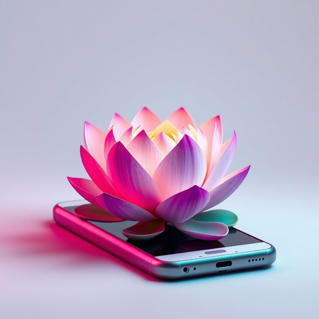 A stylized image showing a lotus flower blooming from a smartphone, symbolizing the transcendence of fleeting trends. The colors are soft and pastel, with pinks, purples, and greens dominating. Technical specs: 4K resolution, high quality.