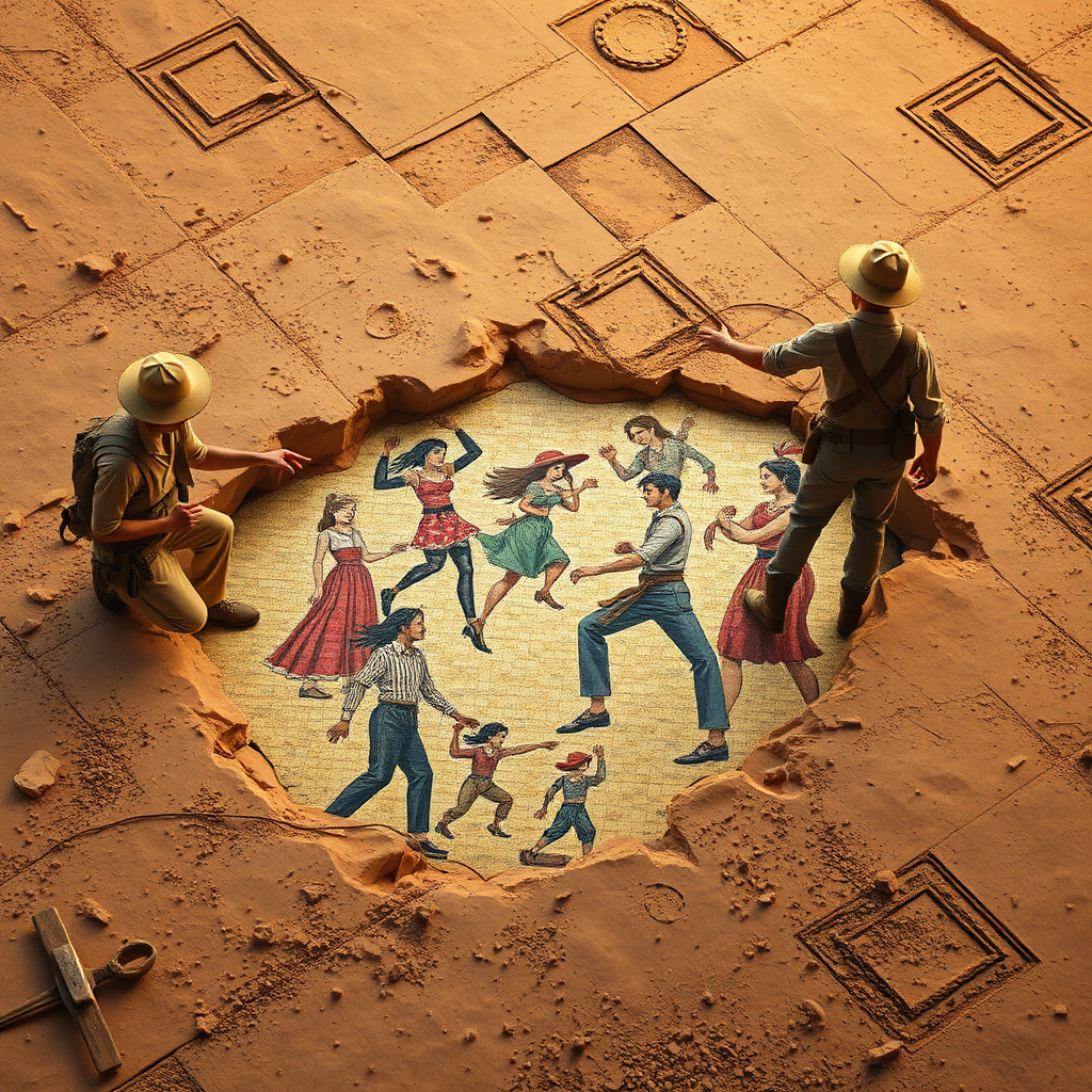  A stylized image showing archaeologists uncovering a mosaic depicting popular TikTok dances from different eras. The mosaic is partially unearthed, revealing both ancient and modern styles. The lighting suggests a dusty, historical dig site, with warm, diffused light. Style references: Indiana Jones meets TikTok. Technical specs: 4K resolution, high quality.
