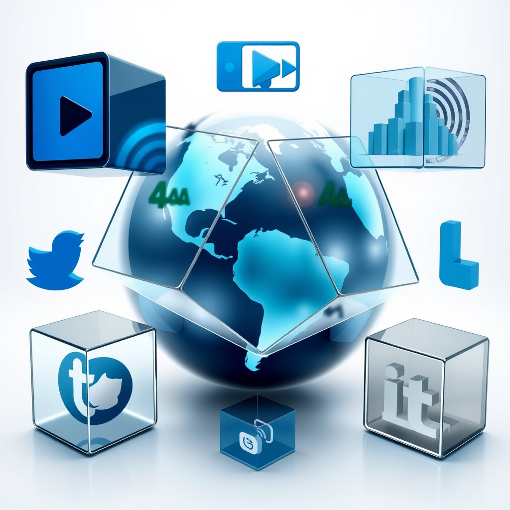 A stylized image showing various geometric shapes (cube, sphere, pyramid) representing different content formats (video, audio, text) intersecting with a globe, symbolizing global reach. The shapes are transparent, with social media icons visible inside. The color palette is cool and professional, with blues, greens, and silvers dominating. Technical specs: 4K resolution, high quality.