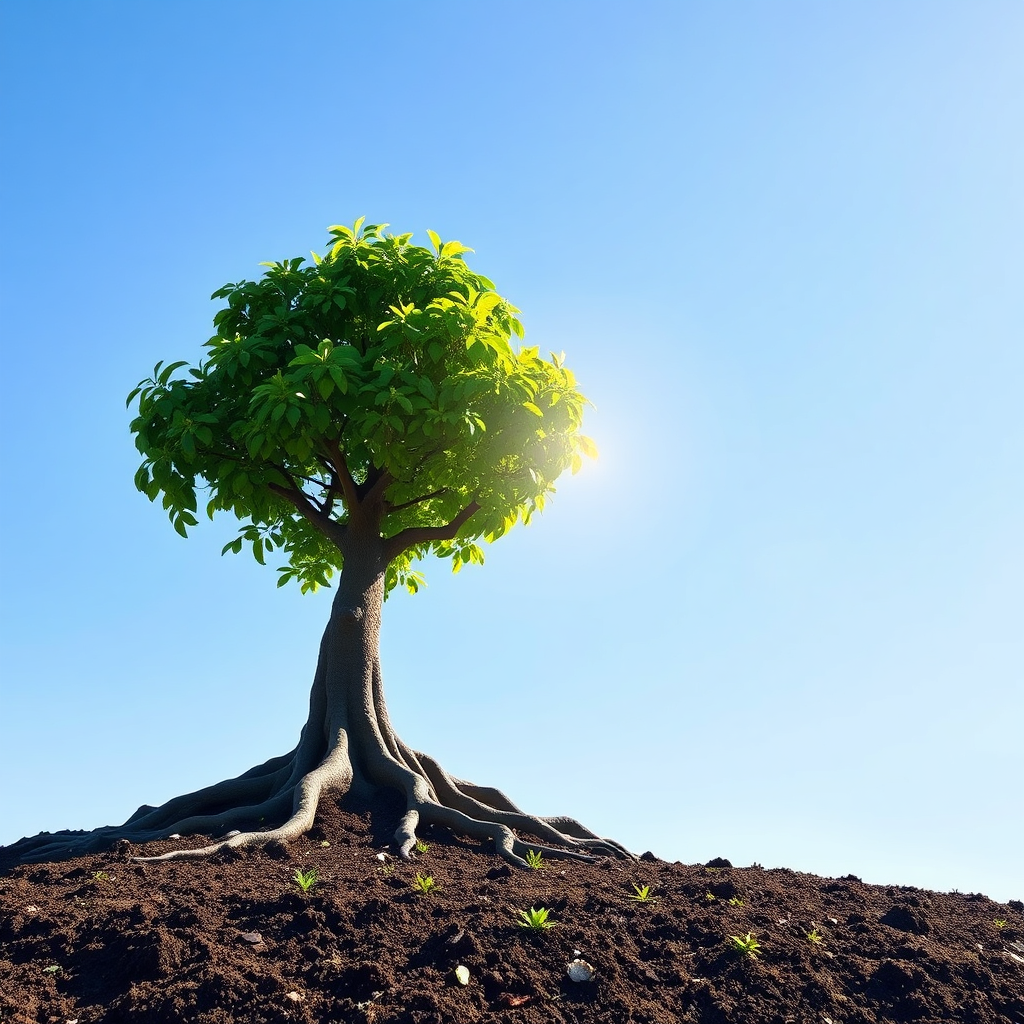 A tree with deep roots and healthy foliage, growing in fertile soil, symbolizing long-term financial health. Soft, natural light illuminating the tree. The background is a clear blue sky, representing a bright future.