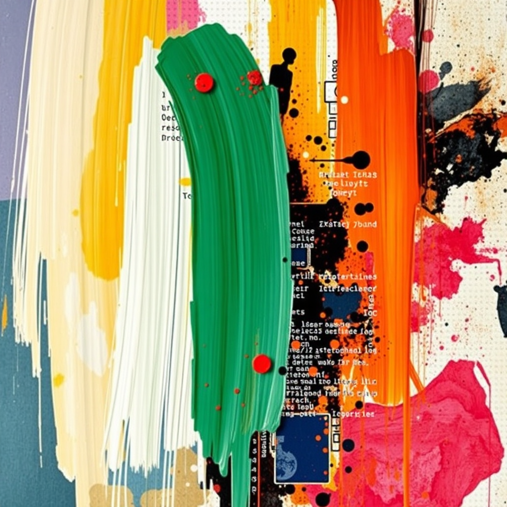 Create a conceptual image blending artistic elements (brush strokes, paint splatters, abstract shapes) with technological components (circuit boards, code snippets, digital screens). The color palette should be a mix of vibrant and muted tones, symbolizing the balance between creativity and functionality. The lighting should be dramatic and directional, highlighting the contrast between the two elements. Style references: mixed media art, abstract expressionism, technology-inspired design.