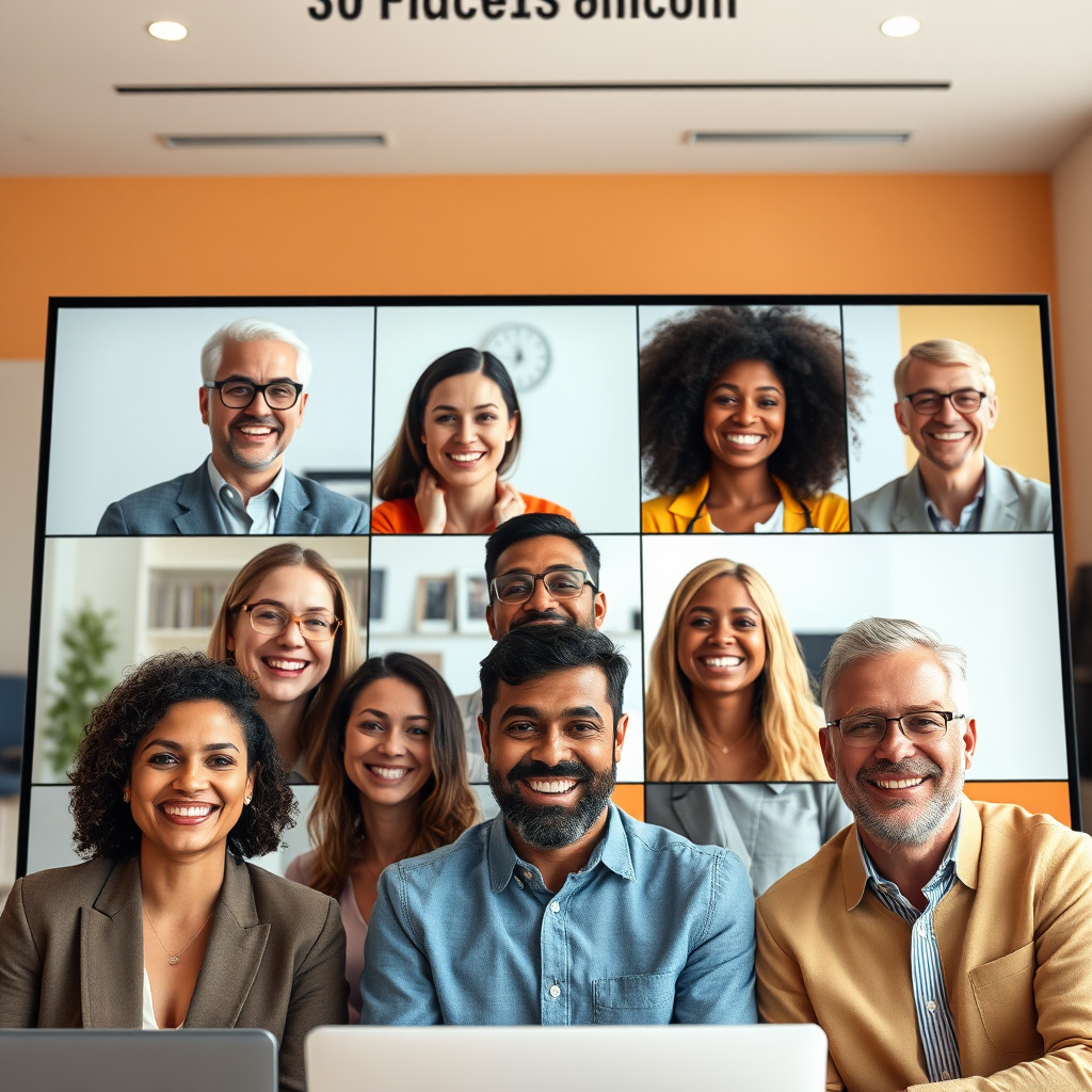 Create a photorealistic image of a diverse group of people interacting positively during an online video conference. They are all smiling and engaged, representing different professional backgrounds. The background displays a clean, modern office environment with subtle branding elements. The color palette is warm and inviting, using soft oranges and yellows to create a sense of community. Focus on capturing the genuine expressions and body language of the participants. Camera angle: medium shot capturing the entire group. Technical specs: 4K resolution, photorealistic rendering.