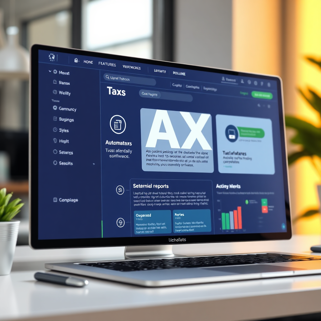 Create a photorealistic image of a user-friendly tax software interface, displaying key features and benefits. The interface should be clean, modern, and easy to navigate. Highlight the software's ability to automate tasks, generate reports, and ensure compliance. The lighting should be bright and inviting, creating a sense of efficiency and control. Color palette: modern and tech-focused. 4K resolution.