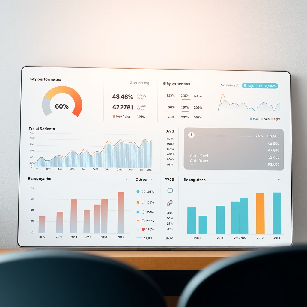 Create a photorealistic image of a financial dashboard displaying key performance indicators (KPIs) for a business. The dashboard should be clean, modern, and easy to understand, with charts and graphs showing revenue, expenses, and profit margins. Soft, natural lighting to highlight the data. The color scheme should be professional and reassuring. 4K resolution.