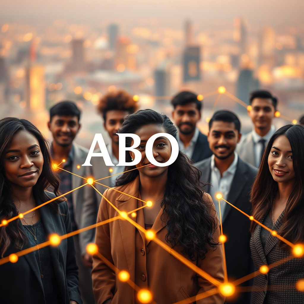 Create a photorealistic image representing ABO Connect's mission. The image should depict a strong, interwoven network of diverse individuals, each representing a different business sector. These individuals are connected by shimmering, golden threads that symbolize Access, Belonging, and Opportunity. The background is a soft, blurred cityscape, implying global reach. The lighting is warm and inviting, with a focus on the connecting threads. The camera angle should be a medium shot, emphasizing the interconnectedness and collaborative spirit. Texture details should include the fine texture of clothing, the glowing threads, and the soft bokeh of the city lights. Style references: Modern, inspirational corporate imagery. Technical specs: 4K resolution, high-quality rendering.