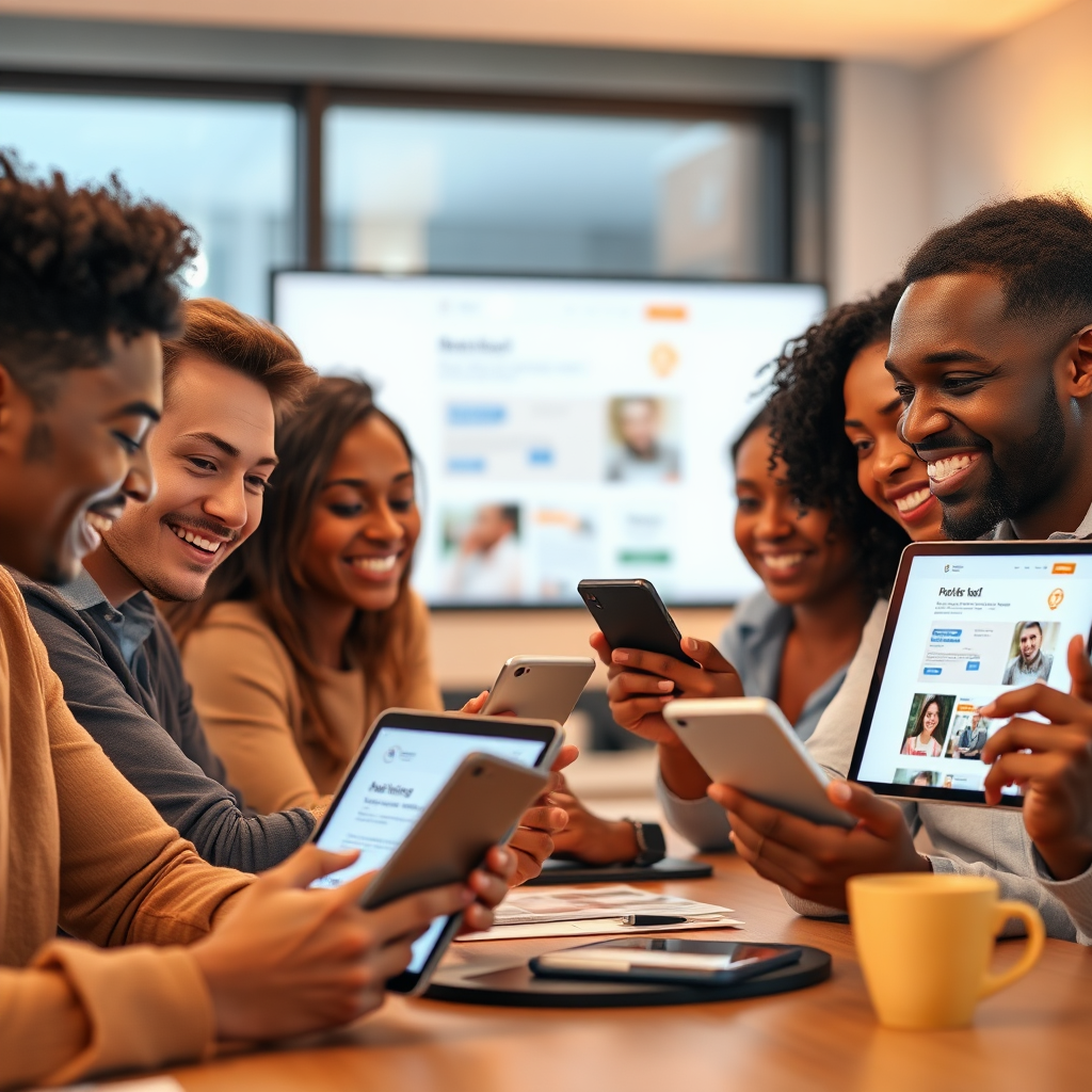  Create a photorealistic image depicting a diverse group of people interacting with a website on various devices (desktop, tablet, smartphone). Focus on their facial expressions showing engagement and satisfaction. The lighting should be warm and inviting. The website on the screens should be clean, modern, and easy to navigate. Camera angle: medium shot, focusing on the people and their devices. Style references: user experience studies, website usability testing, positive emotional responses.