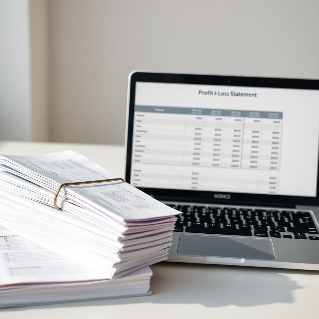 Create a photorealistic image of a balanced set of financial ledgers and a modern laptop displaying a profit and loss statement. The ledgers are neatly organized, and the laptop screen is clear and easy to read. Soft, natural lighting to emphasize clarity. The color scheme should be professional and calming, conveying reliability and organization. This image is intended to showcase the value and structure that good bookkeeping provides. 4K resolution.