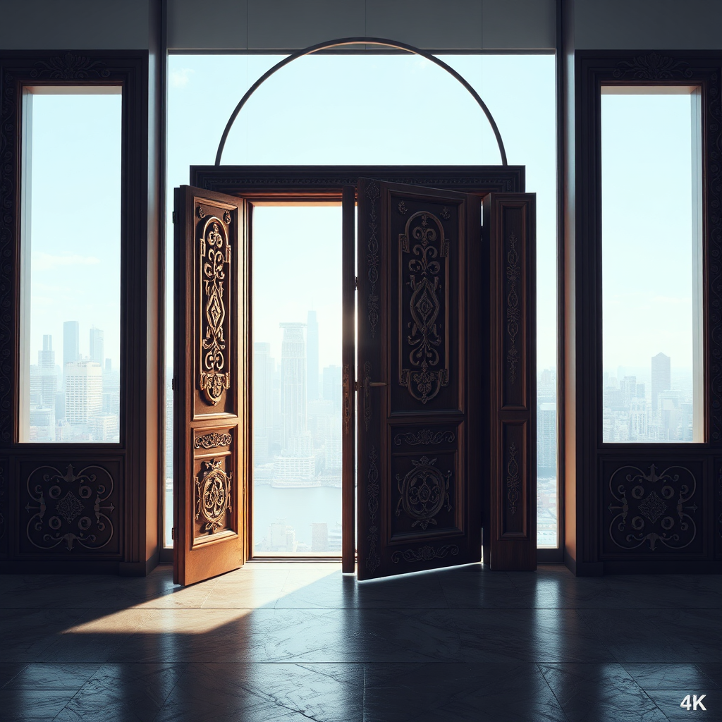 Create a photorealistic image representing 'Access' in a business context. The image should depict a set of doors gradually opening, revealing a bright, inviting cityscape in the background. The doors should have intricate, ornate carvings symbolizing exclusivity being overcome. The lighting should be focused on the open doorway, creating a sense of hope and opportunity. Style: Corporate, motivational. Technical specs: 4K, photorealistic.
