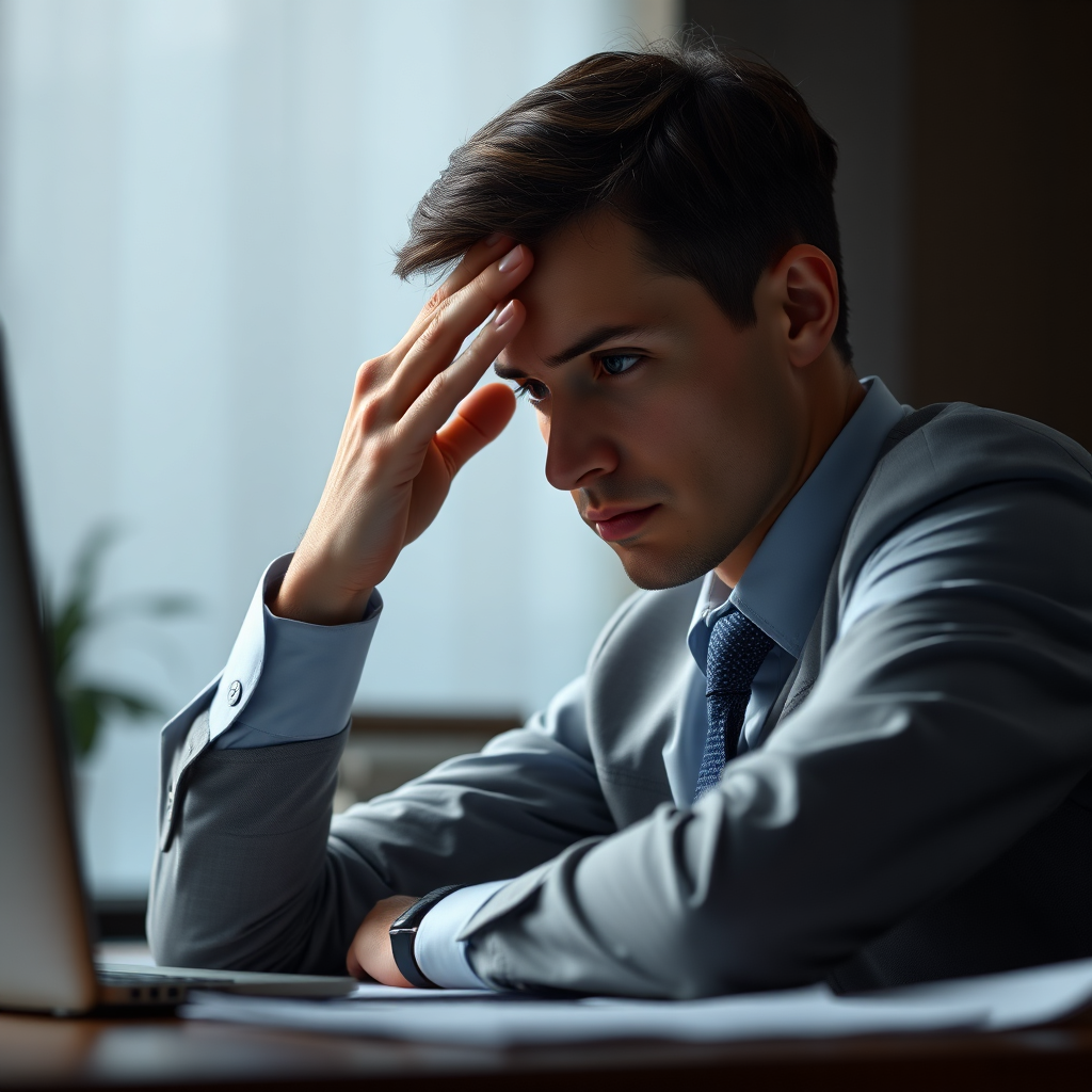 Create a photorealistic image showing a person sitting at a desk, looking contemplative with a hand on their forehead. The atmosphere is professional but slightly somber, with soft, indirect lighting. The background is blurred to emphasize the individual's reflection. The color palette is muted, using grays and blues to convey sincerity. Camera angle: close-up focusing on the person's expression. Technical specs: 4K resolution, photorealistic rendering.