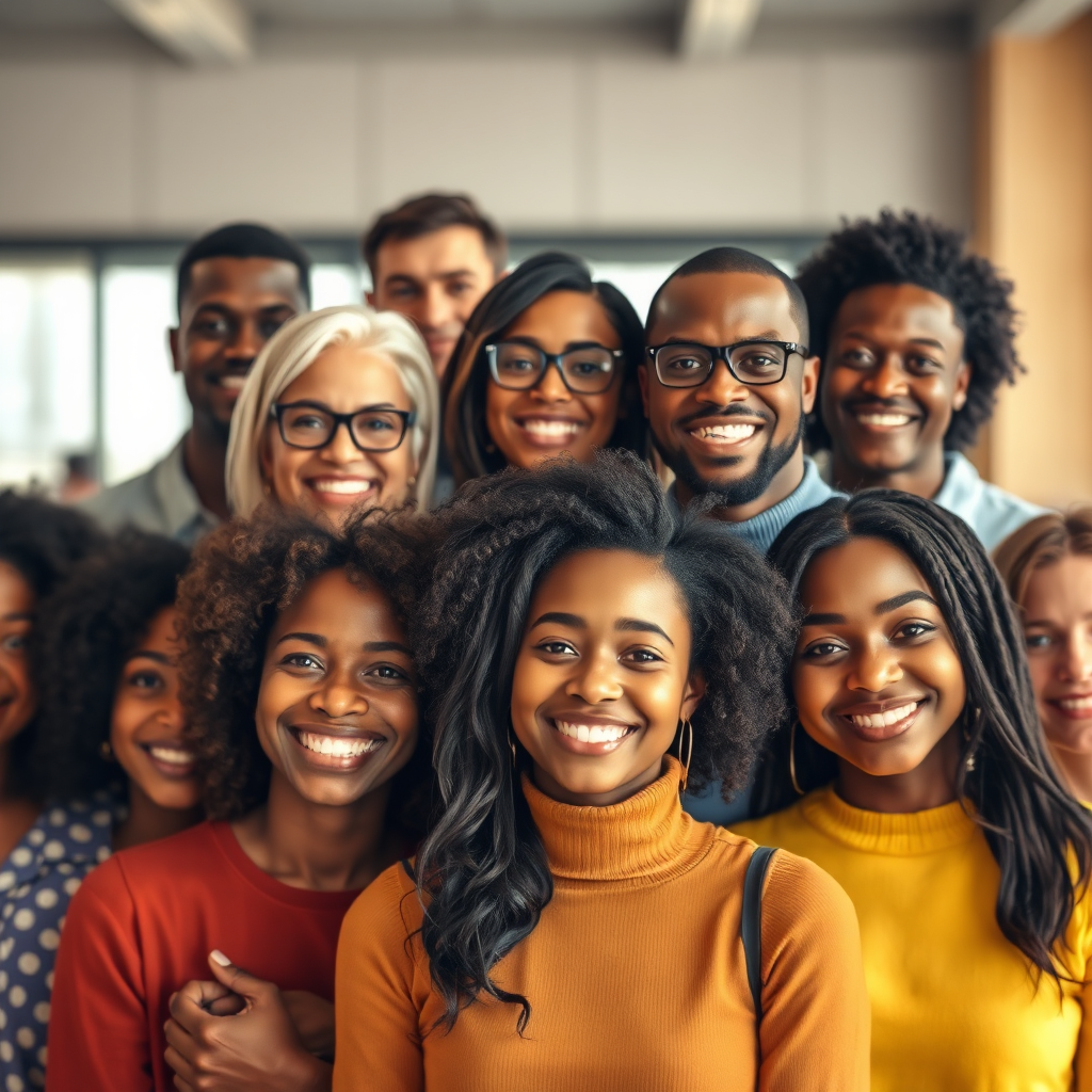 Create a photorealistic image representing a diverse group of people from different backgrounds and demographics. The image should convey a sense of unity and connection. The background should be blurred, emphasizing the people. The lighting should be warm and inviting. Style references: multiculturalism, diversity and inclusion, target audience research.