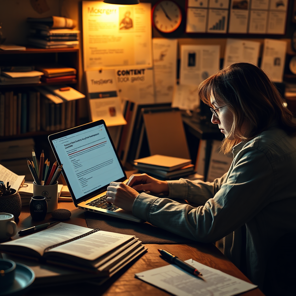 Create a photorealistic image depicting a writer crafting compelling content on a laptop, surrounded by research materials and creative inspiration. The lighting should be warm and inviting. The scene should evoke a sense of creativity and productivity. Style references: writing workshops, creative workspaces, content marketing.