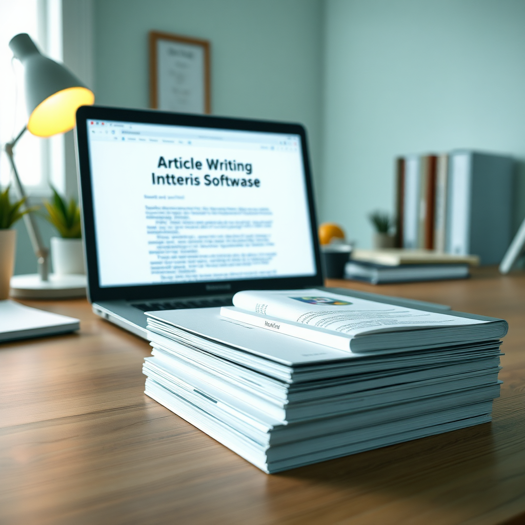 Create a photorealistic image depicting a stack of books and a laptop with an article writing software open. The setting should be an organized, well-lit office space with a minimalist design. The color palette should be calming, using soft blues and greens with a hint of warm yellow light shining from a desk lamp. Capture the textures of the paper, the smooth metal of the laptop, and the subtle grain of the wooden desk. Camera angle: eye-level shot emphasizing the accessibility and professionalism of content creation. Technical specs: 4K resolution, photorealistic rendering.