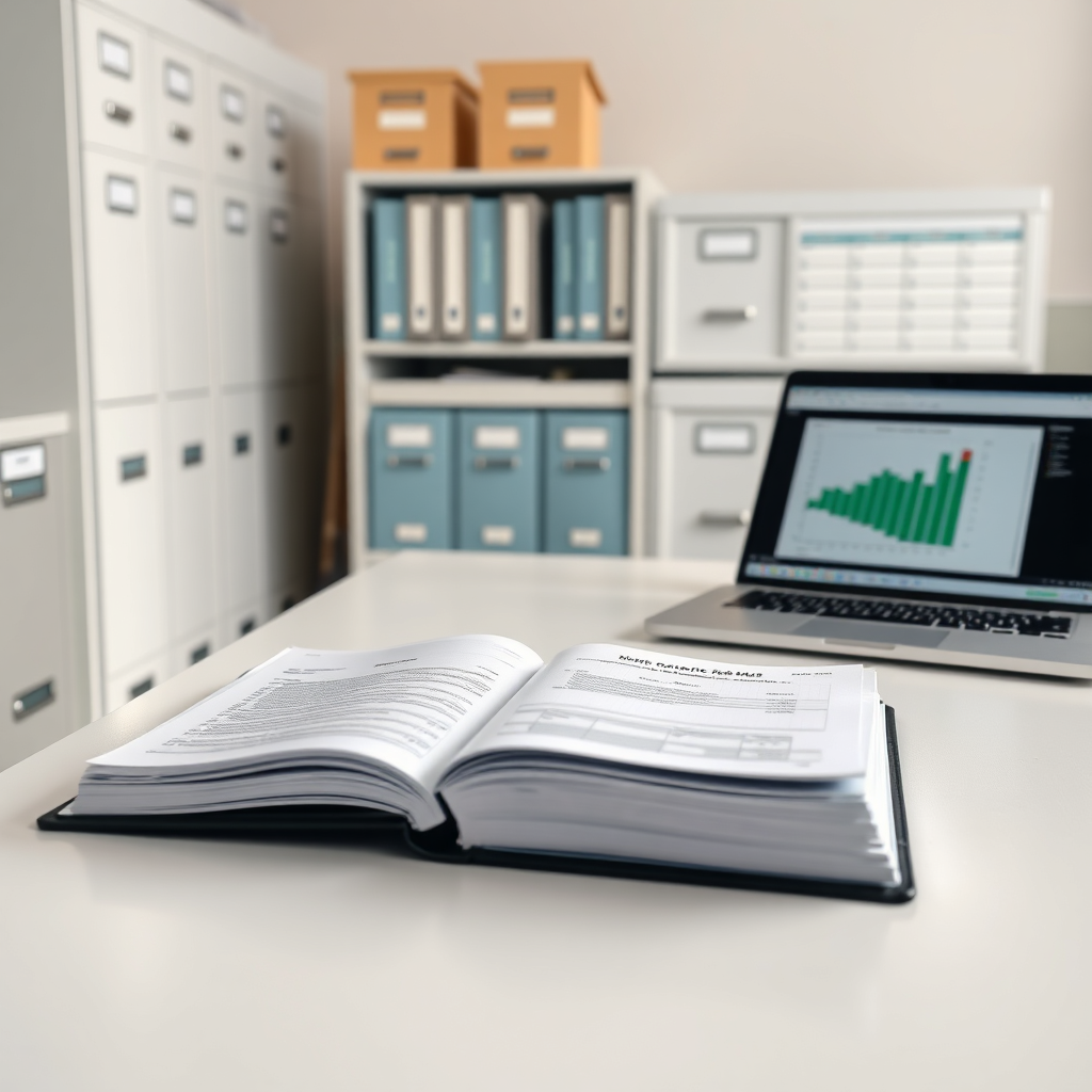 Create a photorealistic image of a well-organized bookkeeping system. A clean desk with a neatly arranged ledger, a modern laptop displaying a balanced spreadsheet, and filing cabinets organized with labeled folders. Soft, natural lighting to highlight the clarity and order. The color scheme should be calm and professional, emphasizing trustworthiness and reliability. The image aims to convey the sense of control and organization that professional bookkeeping brings. 4K resolution.