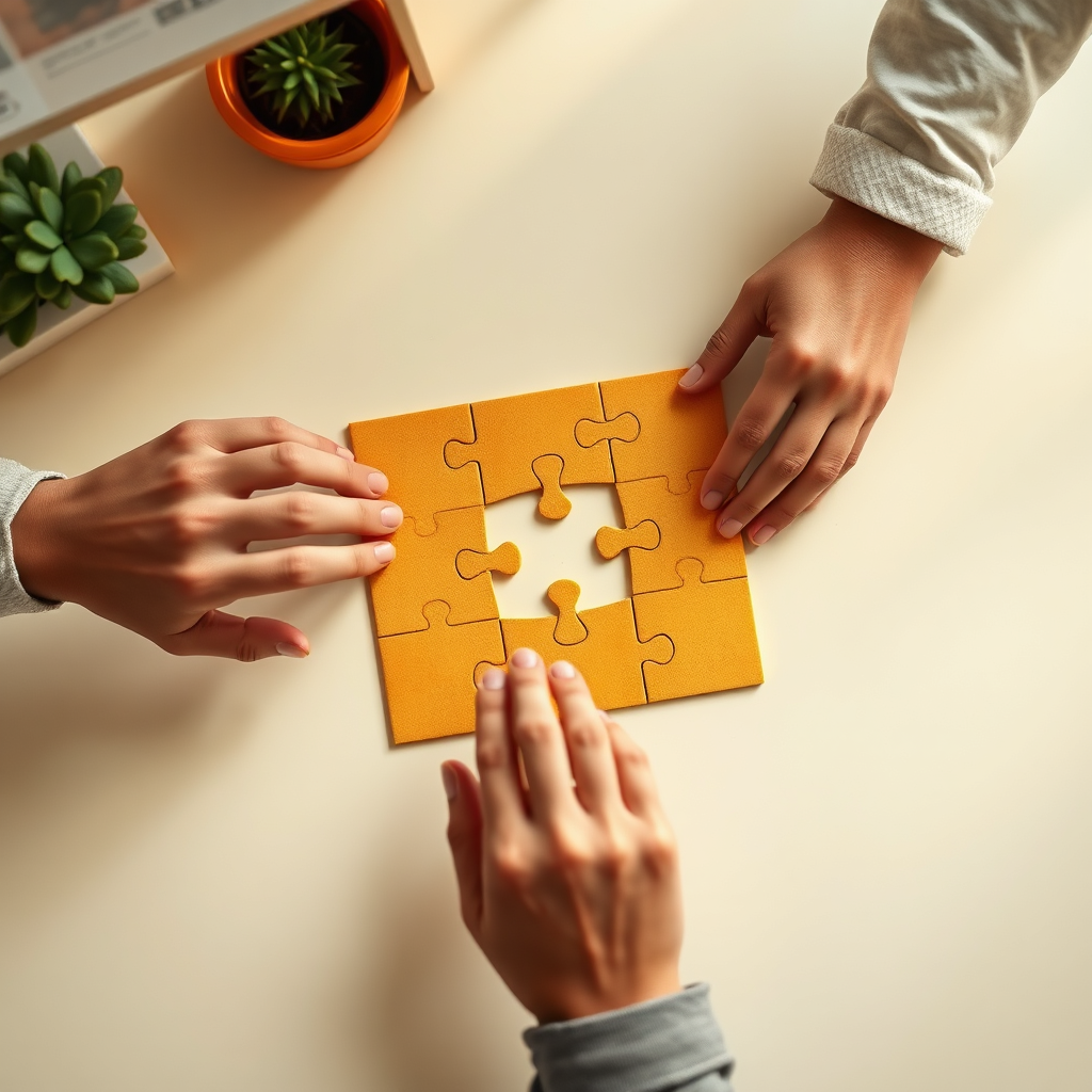 Create a photorealistic image depicting hands working together on a puzzle, with a missing piece about to be placed. The setting is a clean, well-lit workspace with a modern design. The color palette is warm and inviting, using yellows and oranges to create a sense of collaboration and problem-solving. Camera angle: overhead shot highlighting the puzzle and the hands. Technical specs: 4K resolution, photorealistic rendering.