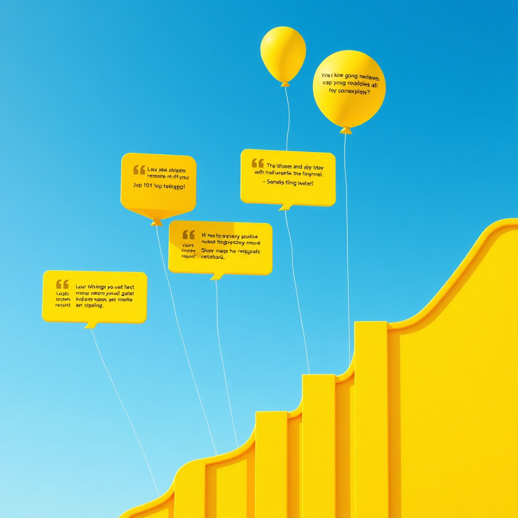 Create a stylized image depicting a rising graph with positive reviews and testimonials floating upwards like balloons. The background should be bright and optimistic, with a clear blue sky. The color palette is vibrant and cheerful, using greens and yellows to convey positivity. The style is clean and modern, with a focus on visual appeal. Technical specs: 4K resolution, high-quality rendering, vector graphics style.