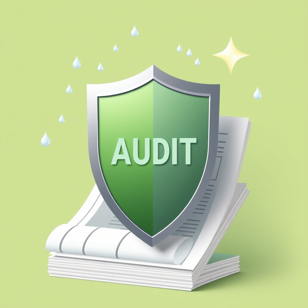 Create a stylized image of a shield protecting financial documents from harsh weather (representing an audit). The shield is strong and well-maintained, symbolizing our audit support services. The financial documents are clear and organized behind the shield. This visual metaphor conveys security and protection during audits. Use bright, clean colors. 4K resolution.