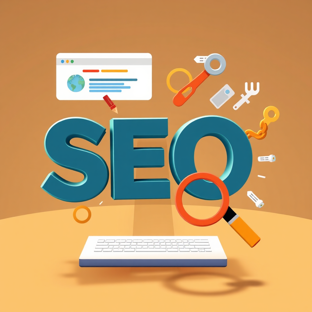 Create a stylized image representing the concept of search engine optimization (SEO). The image should incorporate elements such as keywords, backlinks, and search engine results pages (SERPs). The color palette should be bright and eye-catching. The lighting should be dramatic and directional. Style references: SEO infographics, search engine marketing, digital marketing strategies.