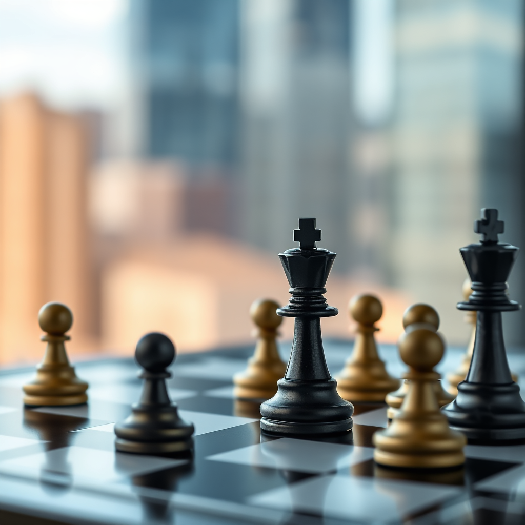 Create a stylized image representing strategic consulting. It should feature a chessboard with key pieces highlighted, representing strategic moves and planning. The background can be a blurred cityscape. Style: Clean, corporate. Technical specs: 4K, stylized.