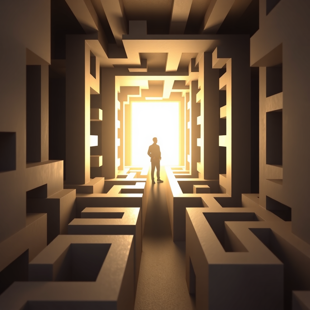 Create a visual metaphor for audit support. Imagine a complex maze, representing the audit process. A clear path, illuminated by a guiding light (representing our expertise), leads through the maze to the exit. The light should be warm and inviting, symbolizing clarity and confidence. The overall tone should be professional and reassuring. Use a stylized, high-resolution rendering to convey this concept. 4K resolution.