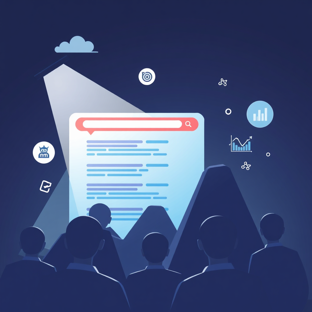 Create a visual metaphor for SEO optimization. The scene should show a website rising above others in a search engine results page, illuminated by a spotlight representing increased visibility. Include subtle icons representing keywords, backlinks, and analytics. Style references: Search Engine Results Pages, Data Visualization, Digital Marketing.