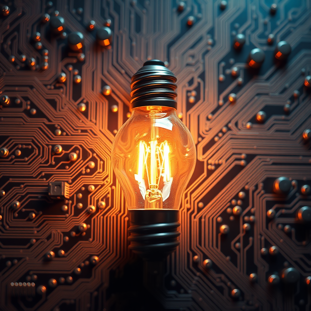 Create an image of a lightbulb illuminating a complex circuit board. The circuit board is filled with intricate pathways and components. This represents innovative solutions. Style: Futuristic, technological. Technical specs: 4K, photorealistic.