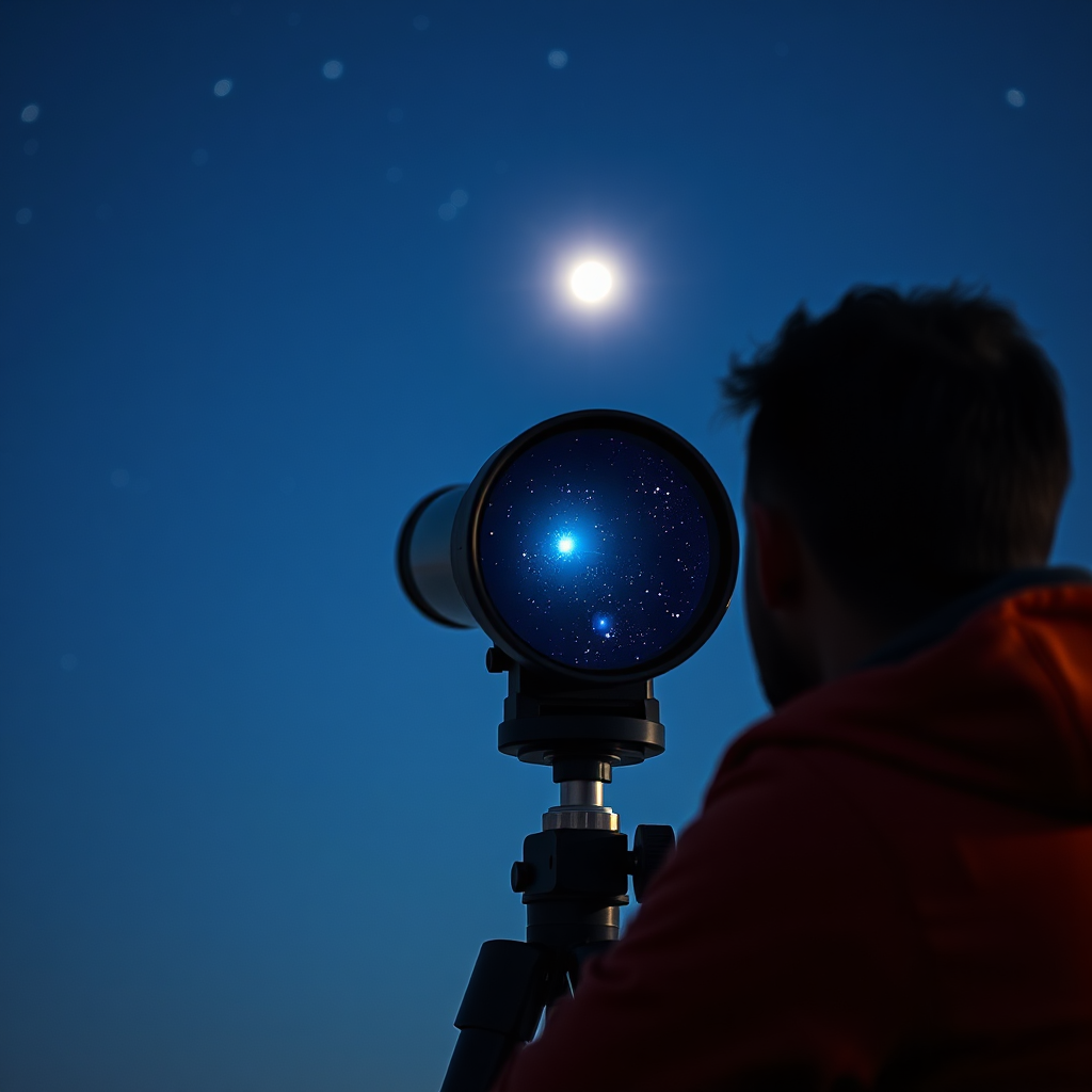 Create an image of a person looking through a telescope, focused on a distant star. The night sky is clear and vibrant. This represents strategic vision. Style: Modern, thoughtful. Technical specs: 4K, photorealistic.