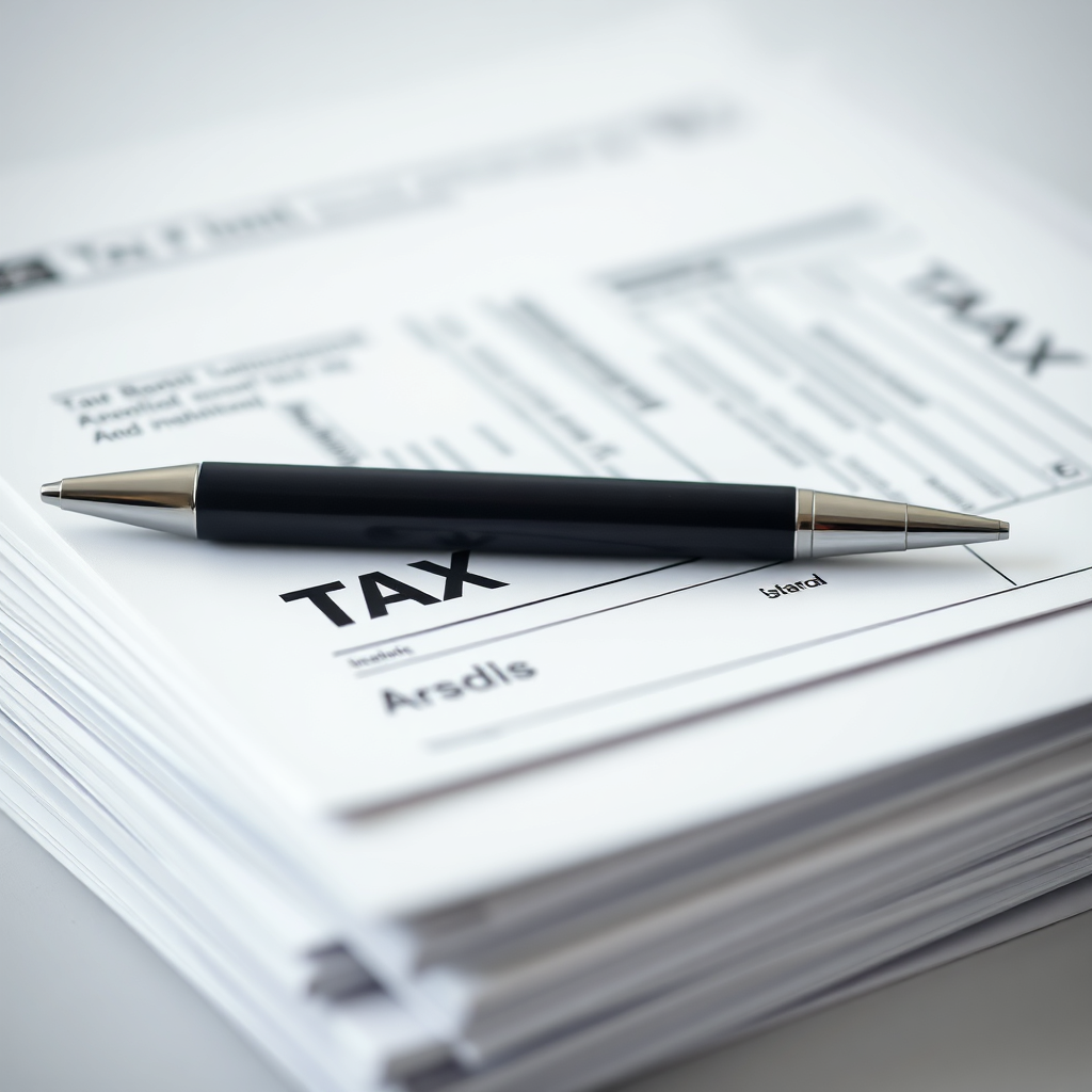 Create an image of a stack of neatly organized tax documents with a pen resting on top. The documents should be labeled clearly and professionally. Use a shallow depth of field to focus attention on the documents. The lighting should be soft and even, creating a sense of order and control. Color palette: muted and professional. 4K resolution.