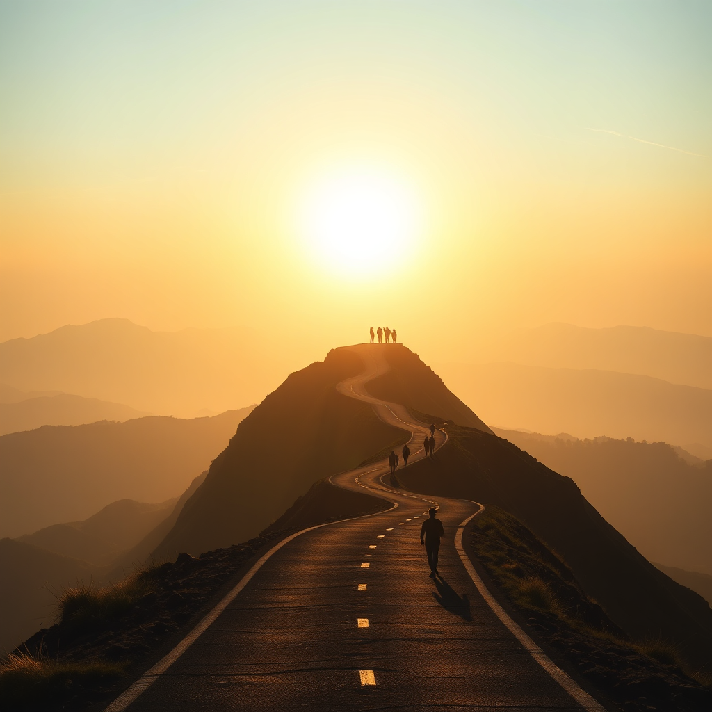 Create an image of a winding road leading up to a mountaintop, with the sun rising in the distance. Silhouettes of people are walking toward the top. The road represents the 'Opportunity' ABO Connect provides. Style: Inspirational, aspirational. Technical specs: 4K, photorealistic.