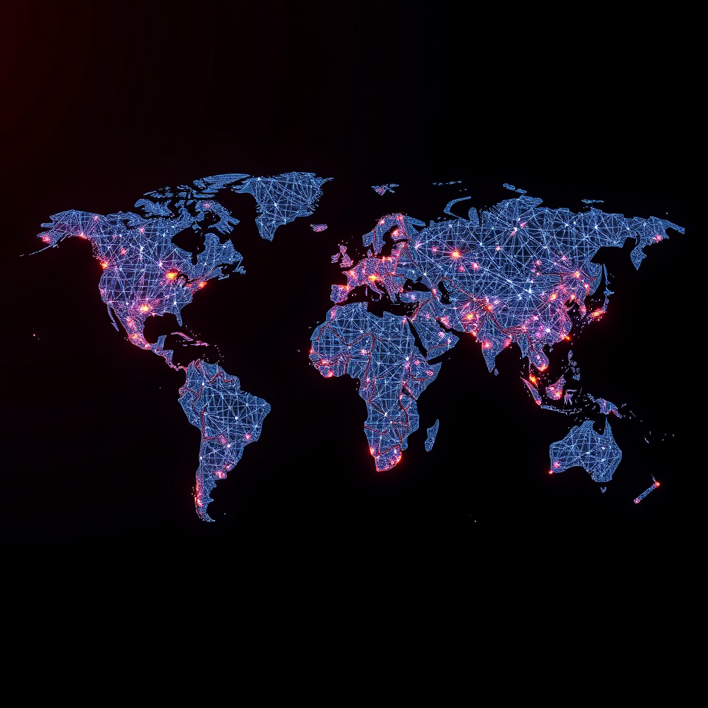 Create an image of a world map with glowing lines connecting different cities and countries. The lines represent a network. Style: Modern, global. Technical specs: 4K, photorealistic.