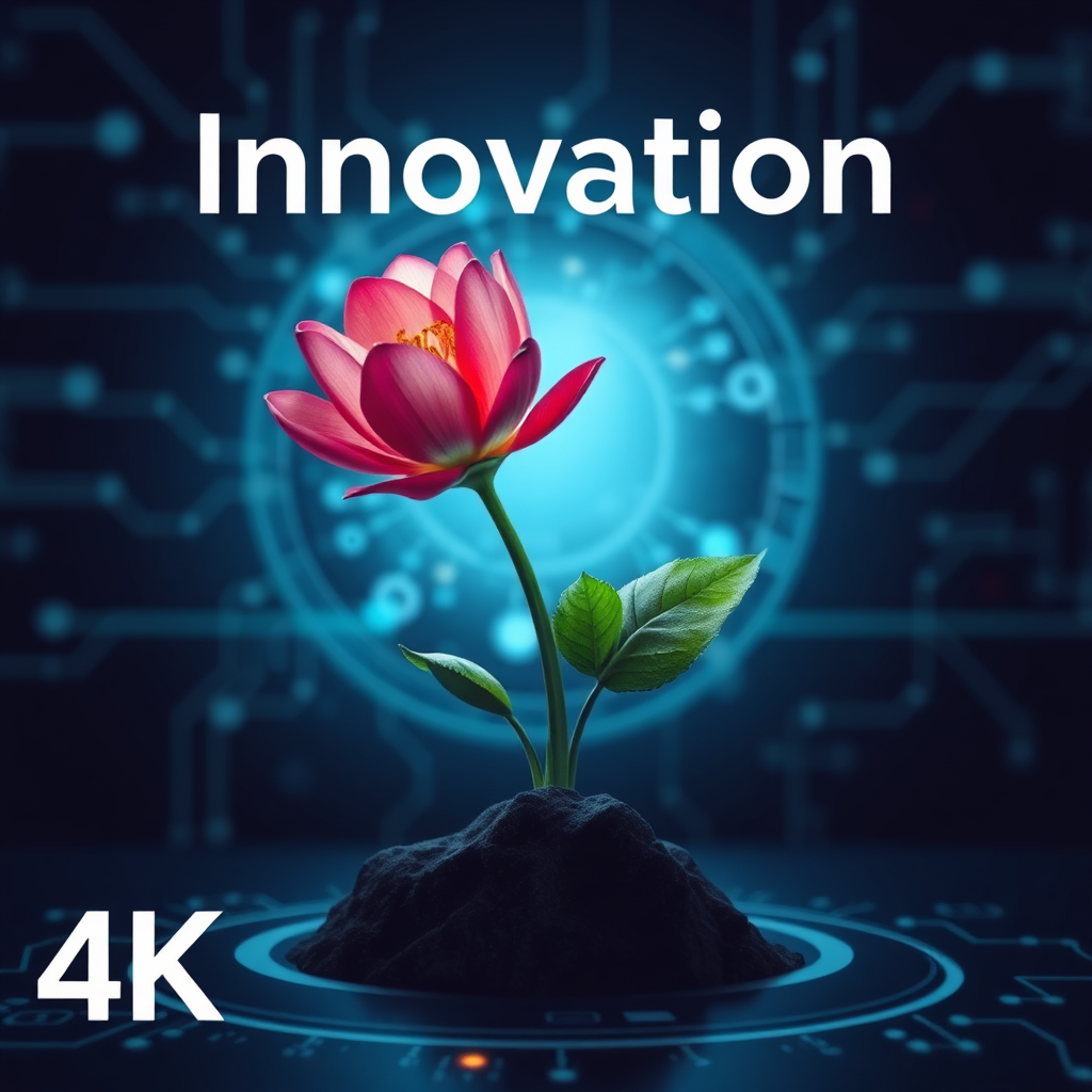 Create an image representing innovation and growth. It should feature a blooming flower emerging from a digital background, symbolizing the growth of new ideas. Style: Creative, modern. Technical specs: 4K, stylized.
