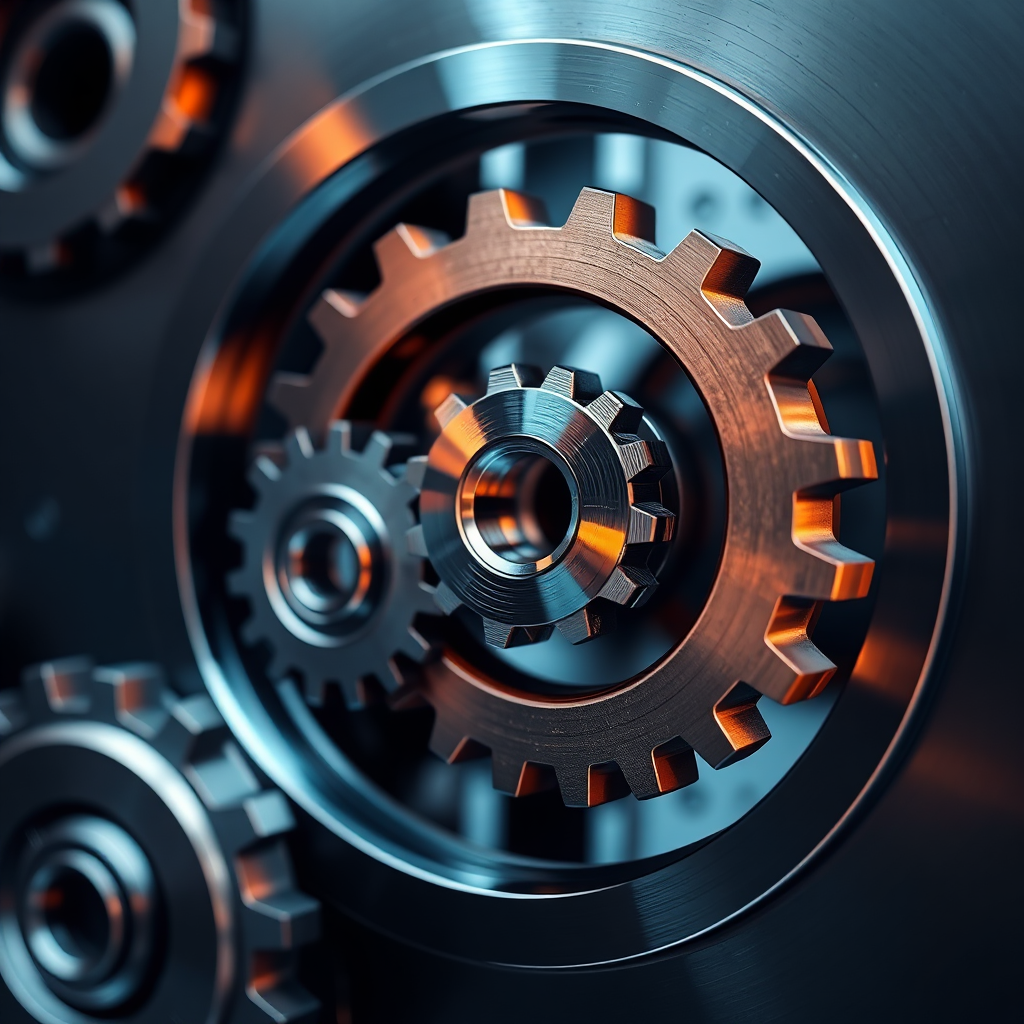 Create an image representing operational excellence. It should feature gears interlocking smoothly, symbolizing efficient processes. The gears can be metallic or futuristic. Style: Modern, technological. Technical specs: 4K, stylized.