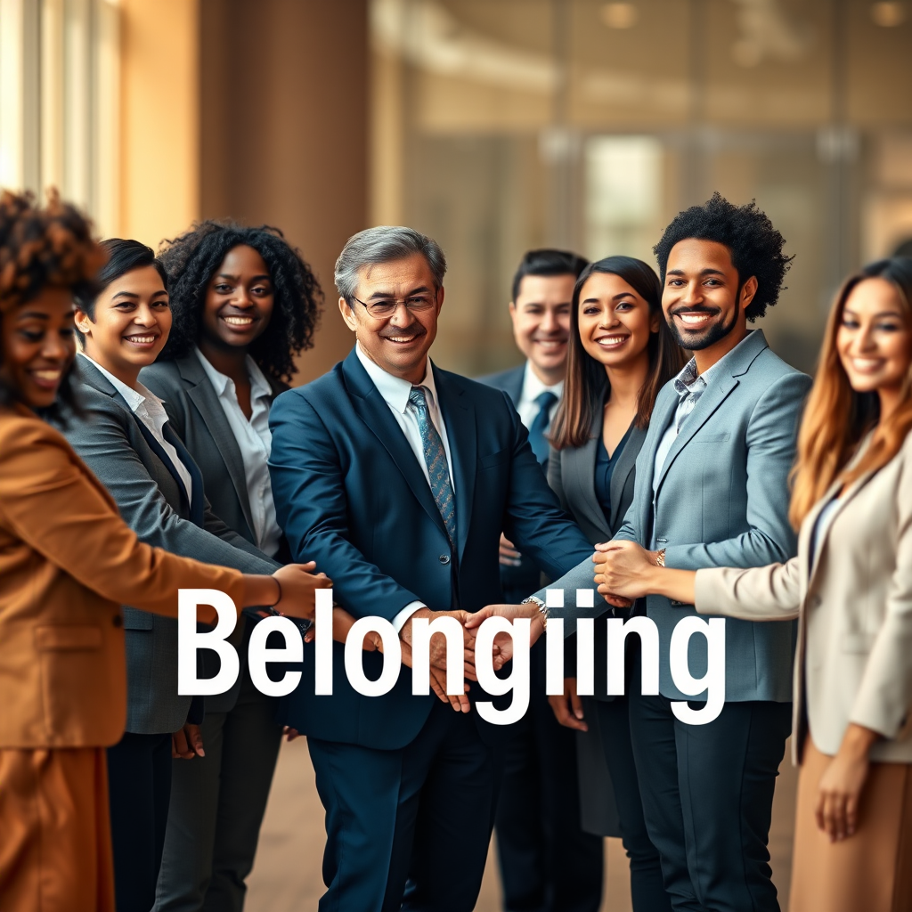 Create an image showing a diverse group of business professionals standing in a circle, holding hands. They are smiling and appear genuinely connected. The background is softly blurred. The lighting should be warm and inviting. This represents 'Belonging'. Style: Modern, inclusive. Technical specs: 4K, photorealistic.