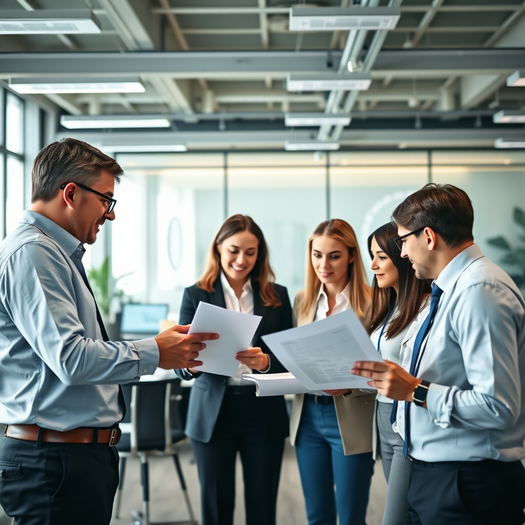 Visualize a team of financial professionals collaborating in a modern office setting. They are reviewing documents and discussing strategies for a client's audit. The atmosphere is calm, professional, and collaborative. The lighting should be bright and inviting, creating a sense of teamwork and support. Color palette: professional and reassuring. 4K resolution.