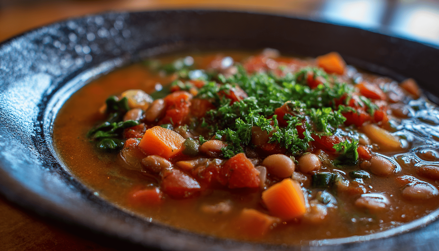 Steaming bowl of spicy bean stew