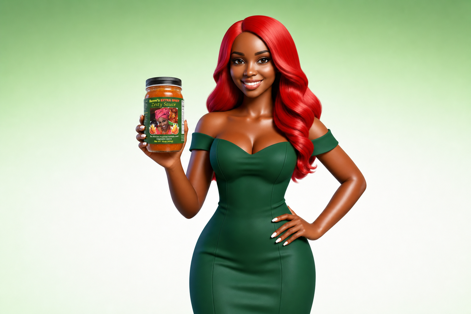 Cheyenne Pepper holding Bunmi Extra Spicy Zesty Sauce