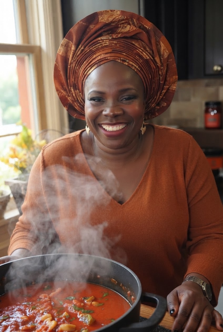 Bunmi holding a steaming pot of soup for stew season