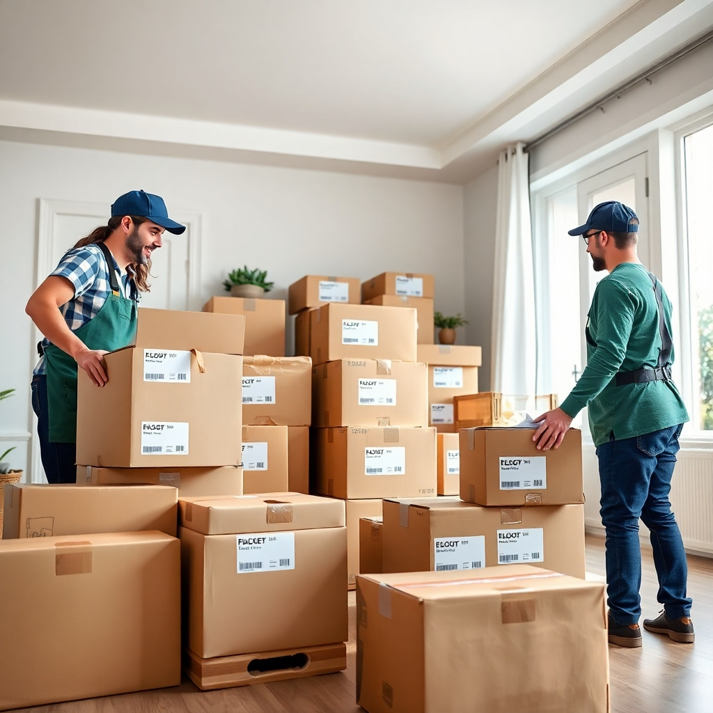A photorealistic image depicting a spacious, well-lit room with movers efficiently and carefully packing various household items into labelled moving boxes. The boxes are neatly stacked and organized, and the movers appear professional and meticulous in their approach. The image should emphasize the orderliness and care taken during the packing process. The background should subtly suggest a home environment.