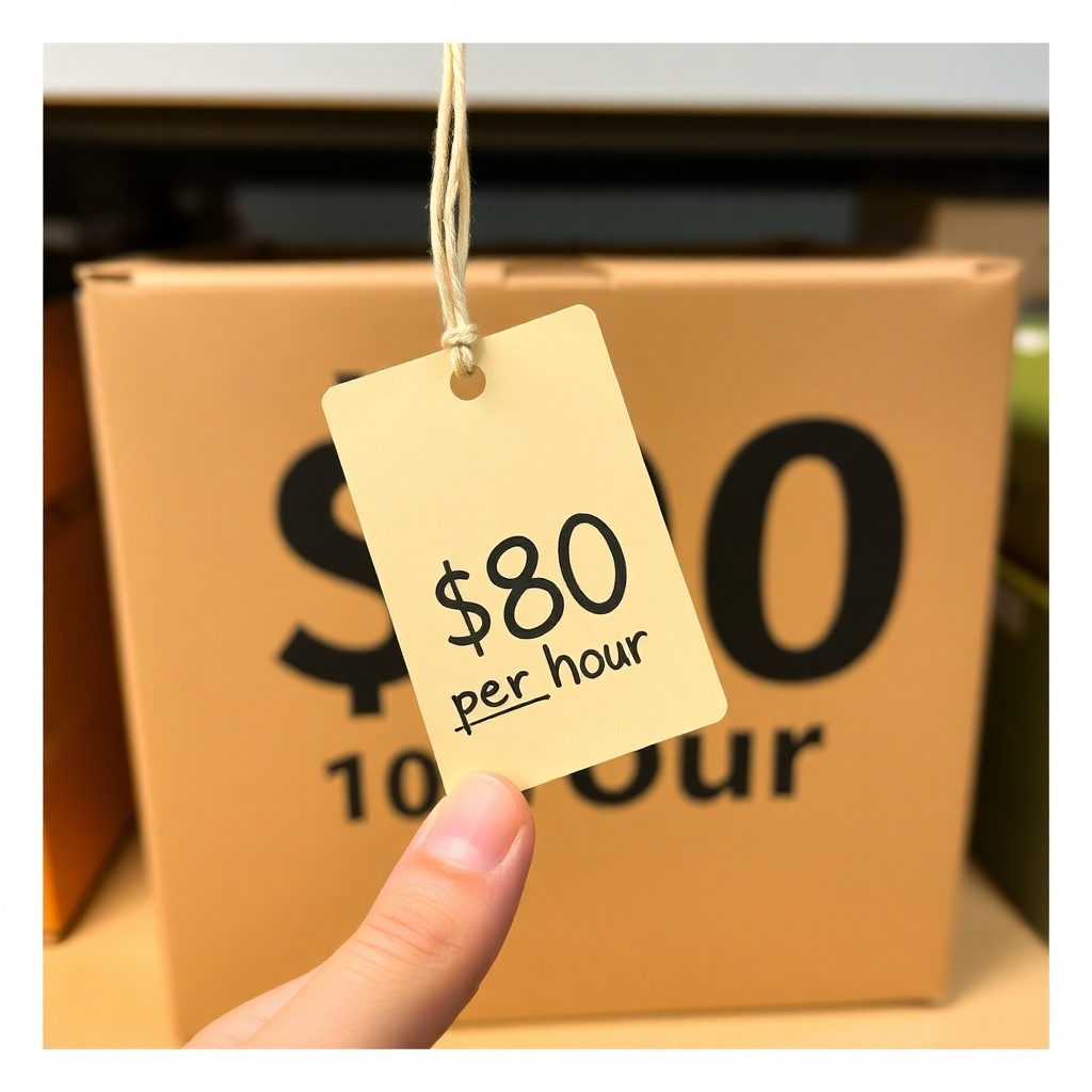 A photorealistic image depicting a hand holding a price tag that reads '$80/hour' with the 'Two Men and a Truck' logo subtly visible in the background.  The image should be professionally styled, conveying affordability and transparency. Use a clean, modern aesthetic, possibly minimalist.