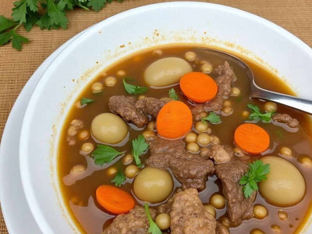 Beef barley soup with Bunmi Zesty Sauce