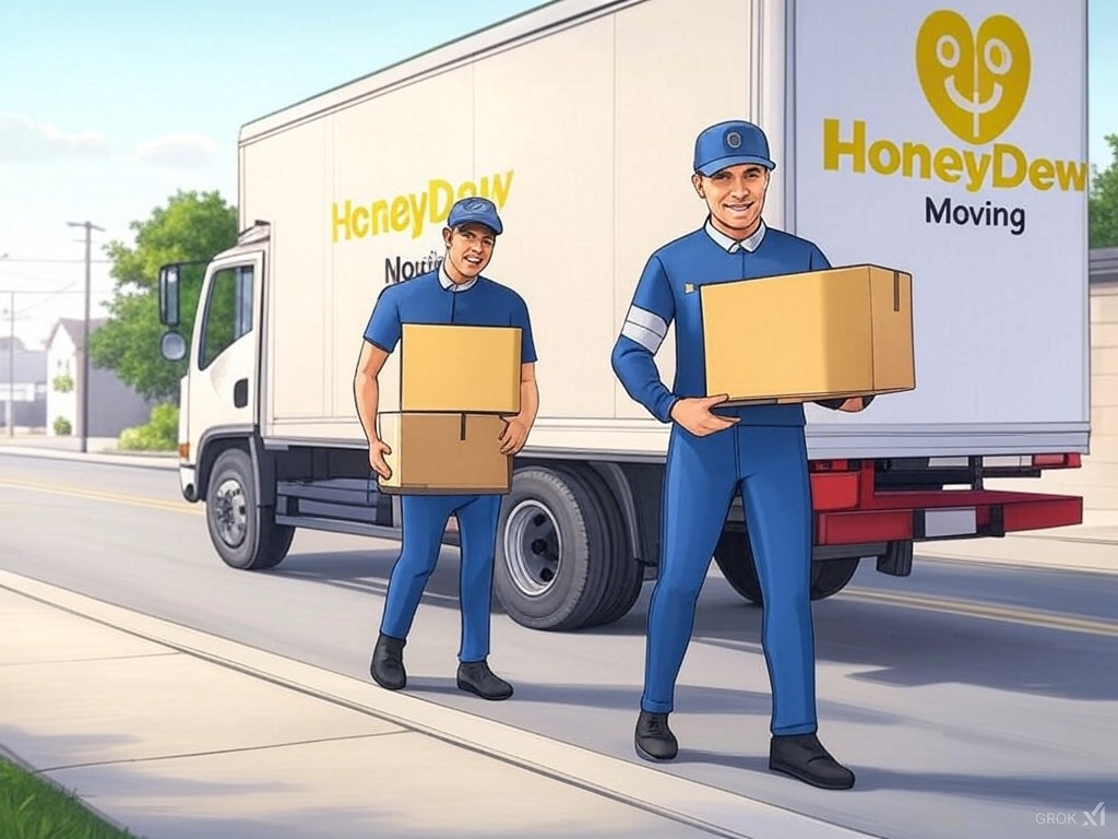 A photorealistic image of two friendly, uniformed movers carefully carrying a large, antique armoire down a flight of stairs into a moving truck.  The movers are smiling, and the scene is bright and well-lit, conveying a sense of ease and professionalism.  The truck is clearly marked 'Two Men and a Truck'.  High resolution, detailed textures.