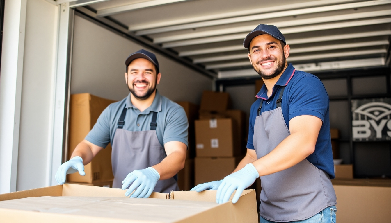 A photorealistic image of two friendly movers expertly packing a variety of household items, including fragile china and electronics, into sturdy moving boxes inside a bright, clean home.  Focus on careful handling and organized packing. The movers should be wearing uniforms with the 'Two Men and a Truck' logo. The image should have a warm, inviting atmosphere.