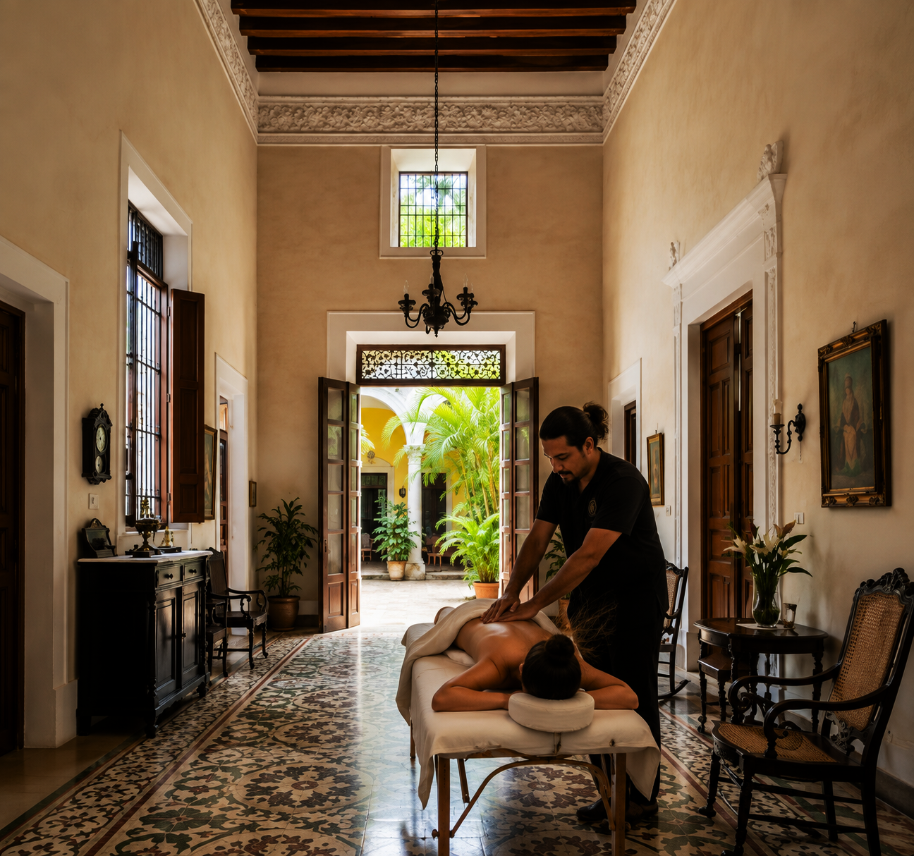 Photorealistic image depicting a relaxed individual receiving a massage in their living room. Soft ambient lighting, with a focus on the client's serene expression. The background includes elements of a cozy home environment. The camera angle is a medium close-up focusing on the client's face and the therapist's hands. Textures should emphasize comfort and relaxation. Style reference: high-end home and lifestyle photography, 8K resolution.