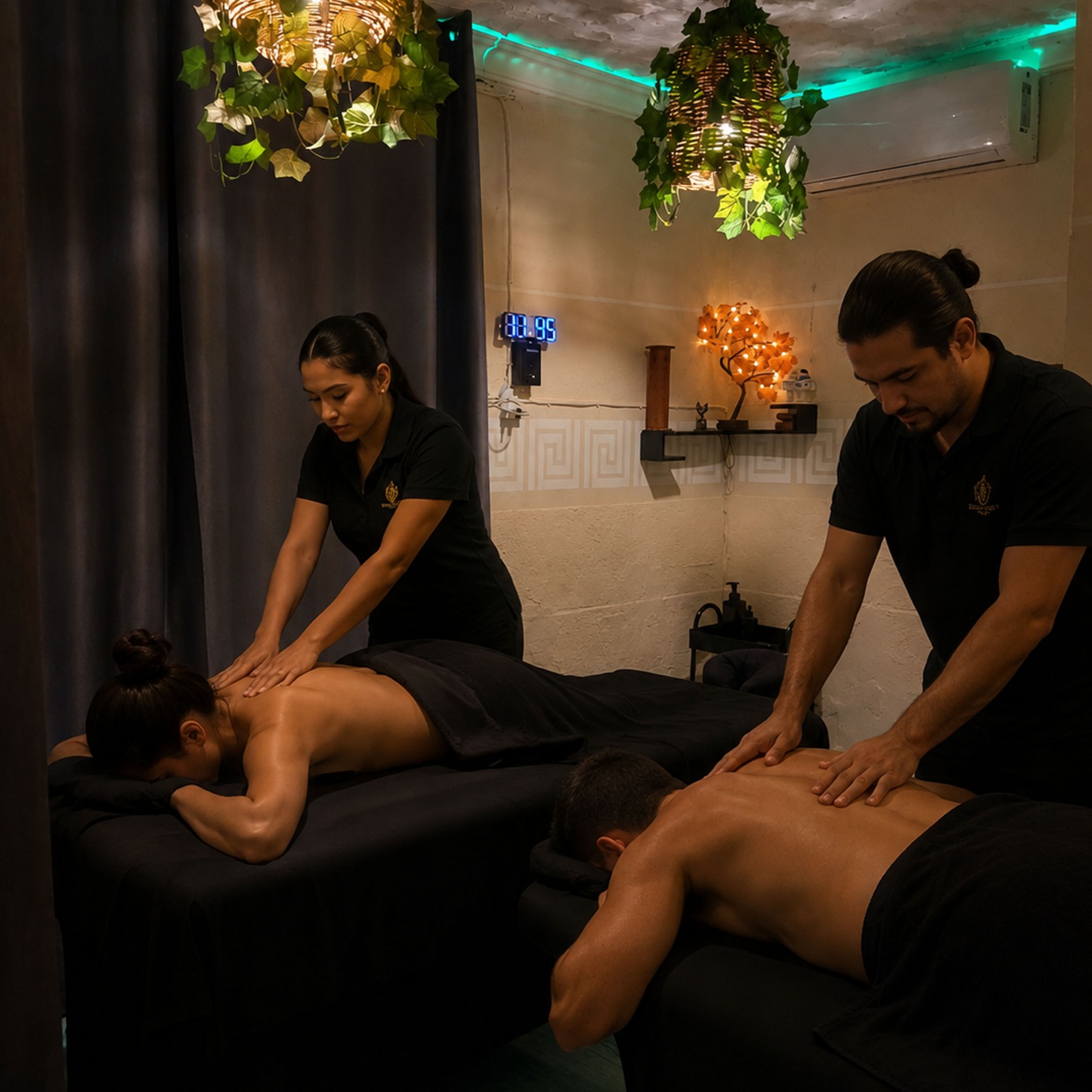 Create a photorealistic image of a serene spa scene with the words "Book Now & Save" subtly overlaid. Focus on the tranquility and relaxation associated with massage therapy. Soft lighting, calming colors, and luxurious textures. The camera angle should create a sense of peace and invite the viewer to book. Style reference: Wellness and luxury travel advertisements, 8K resolution.